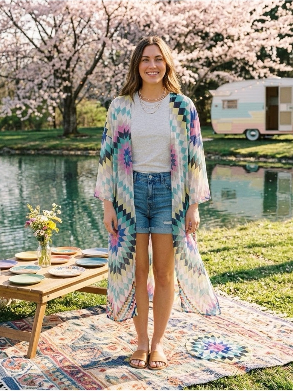 Lilypad Pastel Geo Print Long Kimono